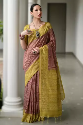 Maroon soft desi tussar silk saree with unique ikkat painted design & traditional pallu
