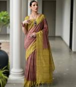 Maroon soft desi tussar silk saree with unique ikkat painted design & traditional pallu