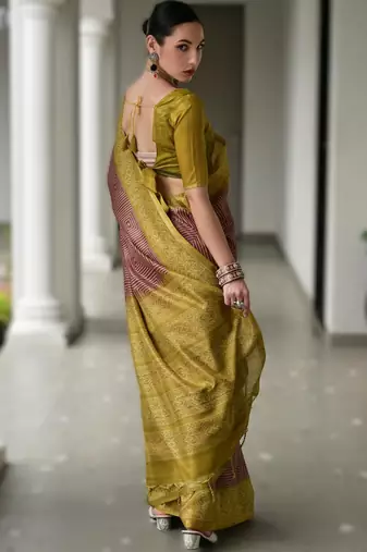 Maroon soft desi tussar silk blend saree with unique ikkat painted design & pallu