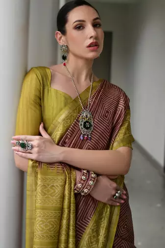 Maroon soft desi tussar silk blend saree with unique ikkat painted design & pallu
