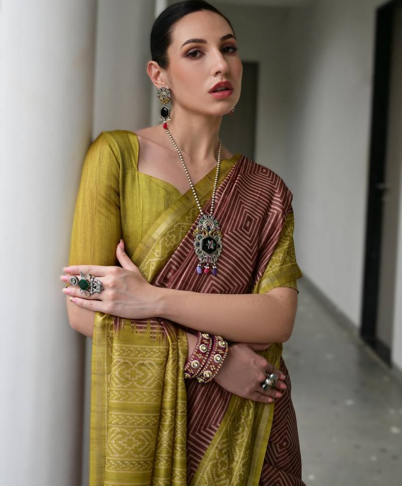 Maroon soft desi tussar silk saree with unique ikkat painted design & traditional pallu