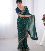 Teal  floral printed georgette chiffon saree with foil work & embroidered lace border
