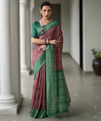 Maroon soft desi tussar silk blend saree with unique ikkat painted design & pallu 1