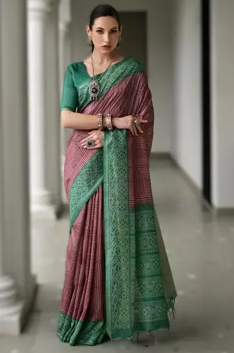 Maroon soft desi tussar silk saree with unique ikkat painted design & traditional pallu