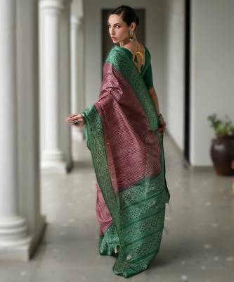 Maroon soft desi tussar silk blend saree with unique ikkat painted design & pallu 2