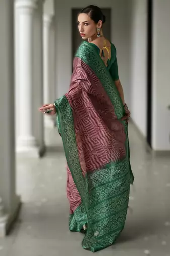 Maroon soft desi tussar silk blend saree with unique ikkat painted design & pallu