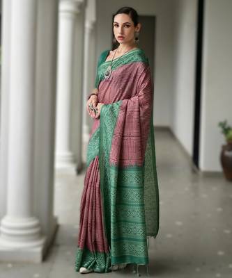 Maroon soft desi tussar silk blend saree with unique ikkat painted design & pallu 3