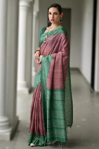 Maroon soft desi tussar silk blend saree with unique ikkat painted design & pallu