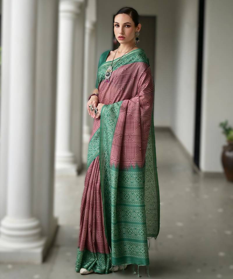 Maroon soft desi tussar silk saree with unique ikkat painted design & traditional pallu