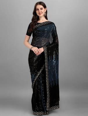 Teal georgette saree with double run sequins embroidery & satin lace border 1