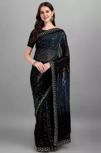 Teal heavy georgette designer saree with double run sequins embroidery & satin lace border