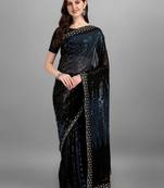 Teal heavy georgette designer saree with double run sequins embroidery & satin lace border