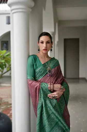 Maroon soft desi tussar silk blend saree with unique ikkat painted design & pallu