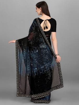 Teal georgette saree with double run sequins embroidery & satin lace border 2
