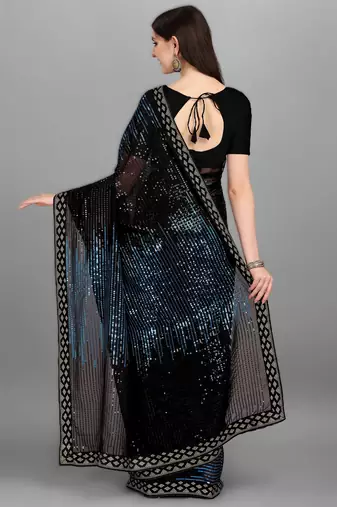 Teal georgette saree with double run sequins embroidery & satin lace border