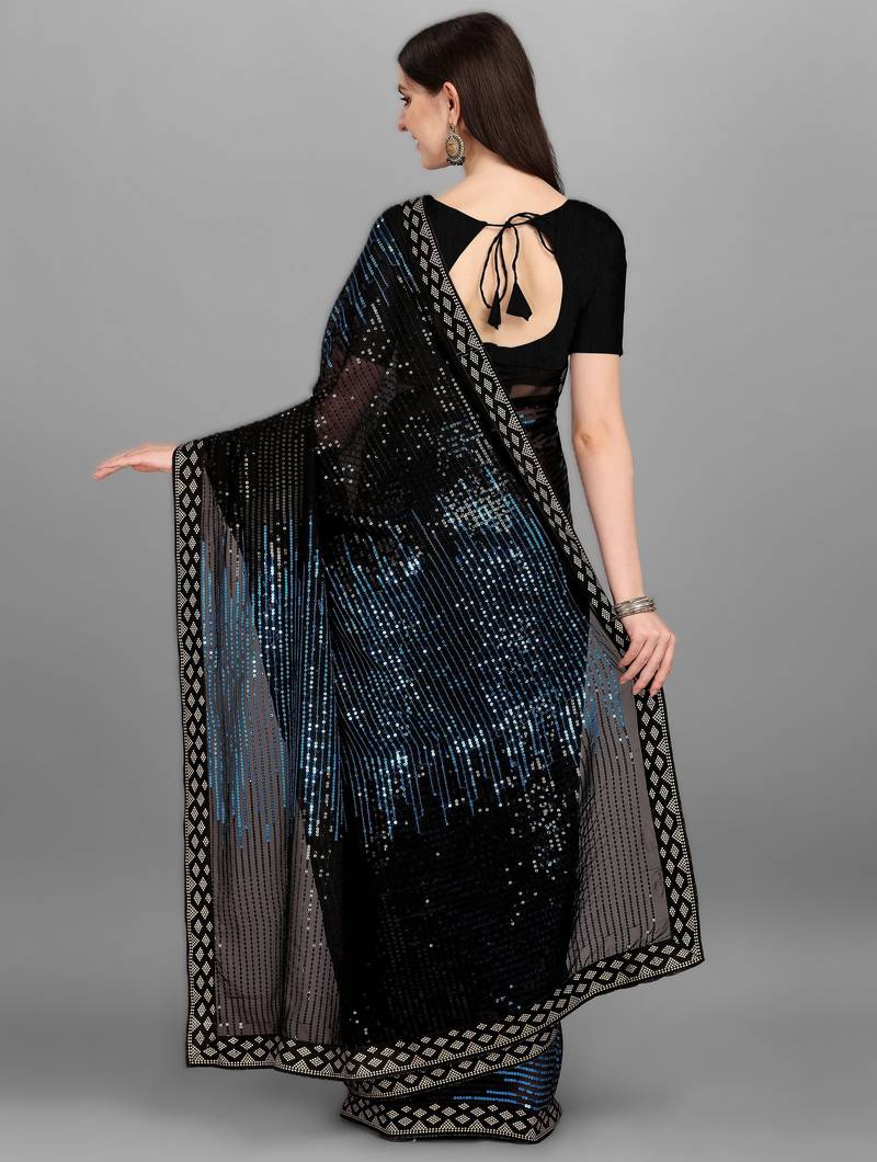 Teal heavy georgette designer saree with double run sequins embroidery & satin lace border