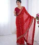 Red floral printed georgette chiffon saree with foil work & embroidered lace border