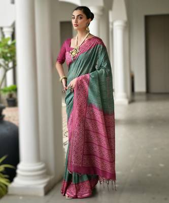 Green soft desi tussar silk blend saree with unique ikkat painted design & pallu 1