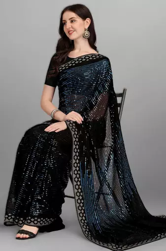 Teal georgette saree with double run sequins embroidery & satin lace border