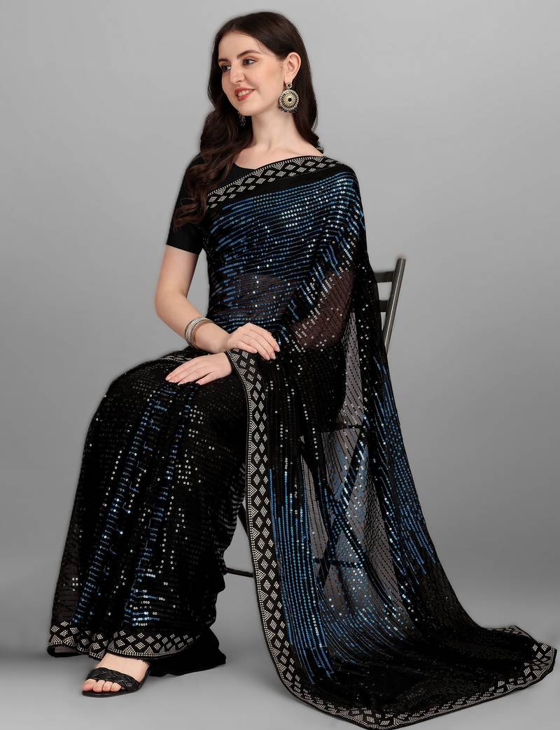 Teal heavy georgette designer saree with double run sequins embroidery & satin lace border