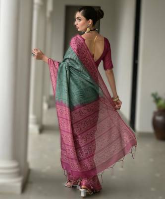 Green soft desi tussar silk blend saree with unique ikkat painted design & pallu 2