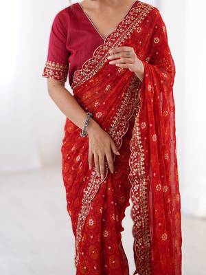Red floral printed georgette chiffon saree with foil work & embroidered lace border 2