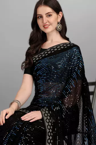 Teal georgette saree with double run sequins embroidery & satin lace border