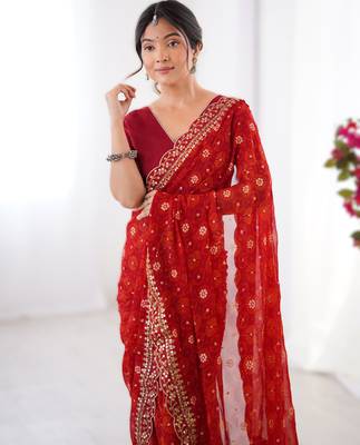 Red floral printed georgette chiffon saree with foil work & embroidered lace border 3