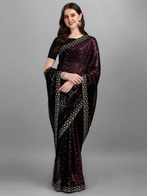 Pink georgette saree with double run sequins embroidery & satin lace border 1