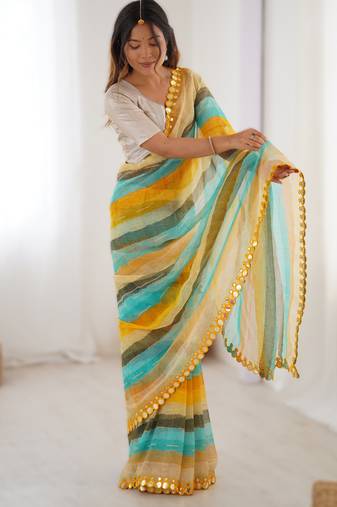 Yellow heavy smooth marble chiffon leriya print saree with zari work & double line paper mirror border