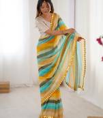 Yellow heavy smooth marble chiffon leriya print saree with zari work & double line paper mirror border
