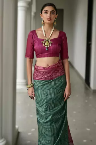 Green soft desi tussar silk blend saree with unique ikkat painted design & pallu