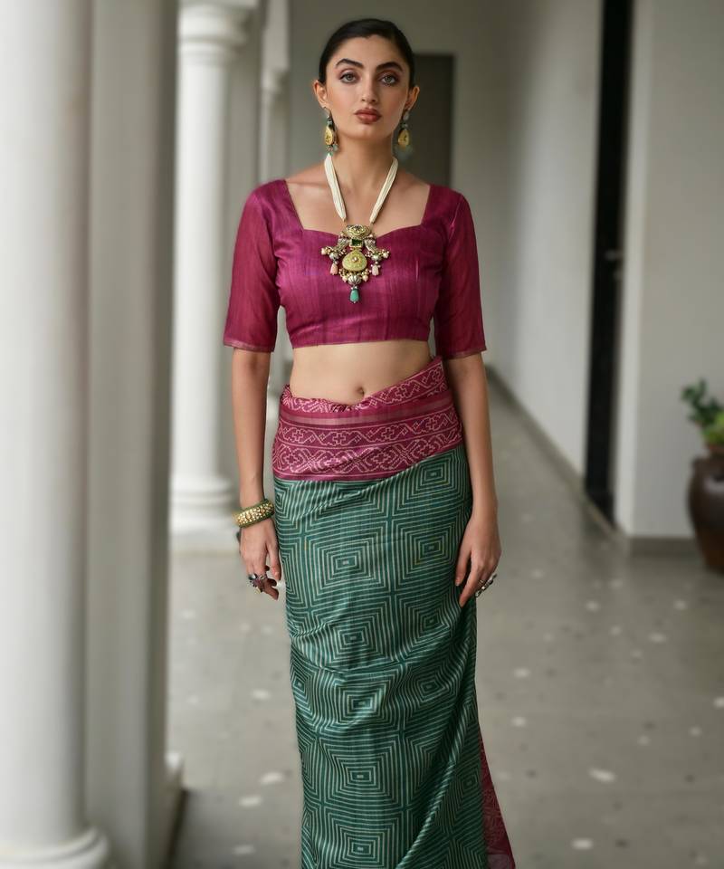 Green soft desi tussar silk saree with unique ikkat painted design & traditional pallu