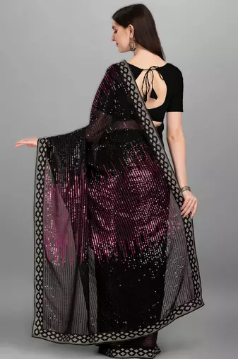 Pink georgette saree with double run sequins embroidery & satin lace border
