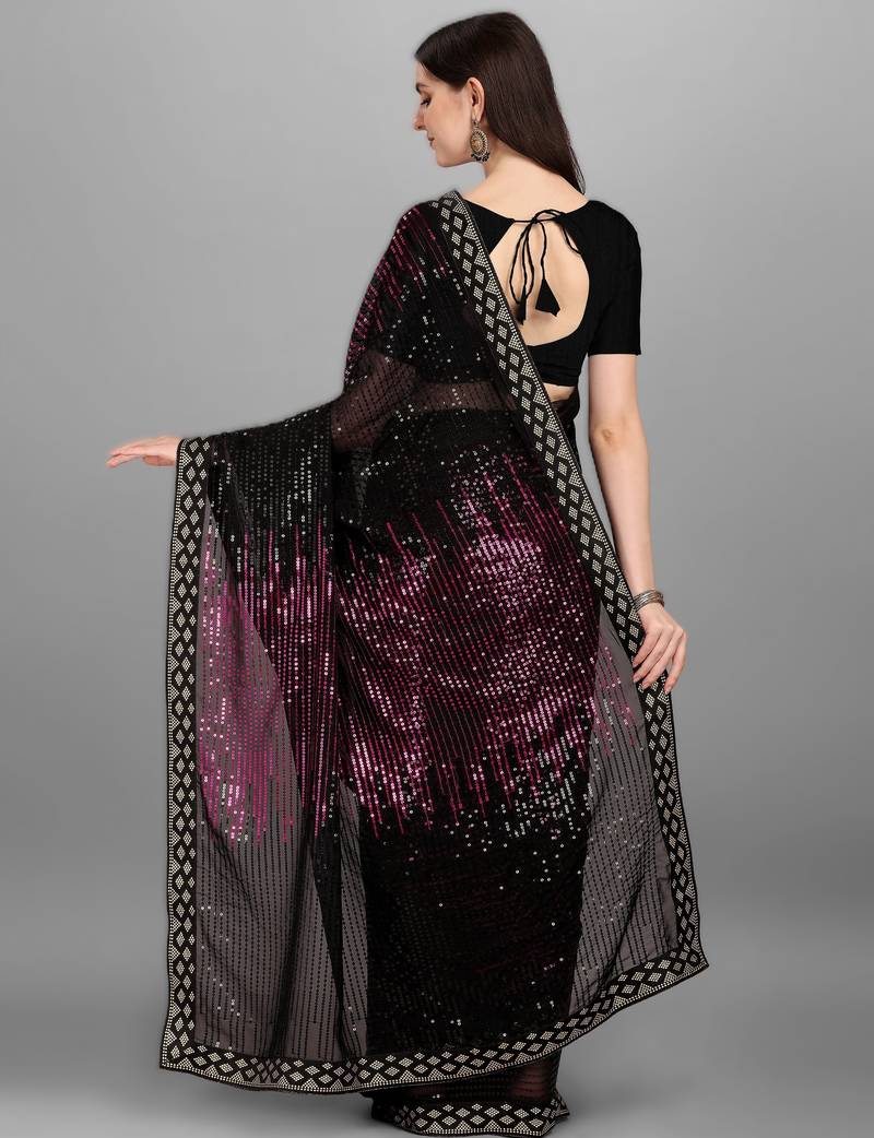 Pinkheavy georgette designer saree with double run sequins embroidery & satin lace border