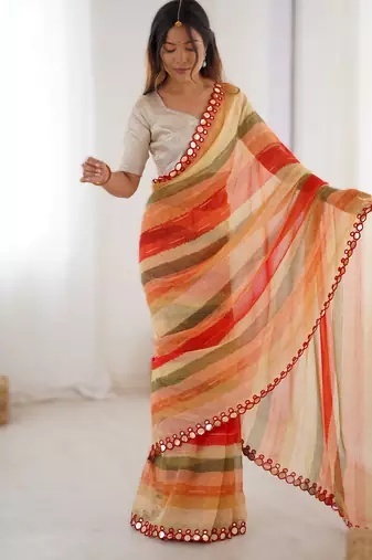 Red heavy smooth marble chiffon leriya print saree with zari work & double line paper mirror border |