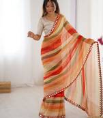 Red heavy smooth marble chiffon leriya print saree with zari work & double line paper mirror border |