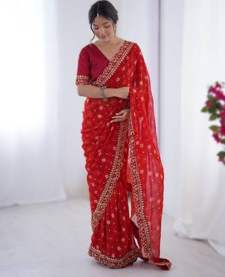 Red floral printed georgette chiffon saree with foil work & embroidered lace border 4