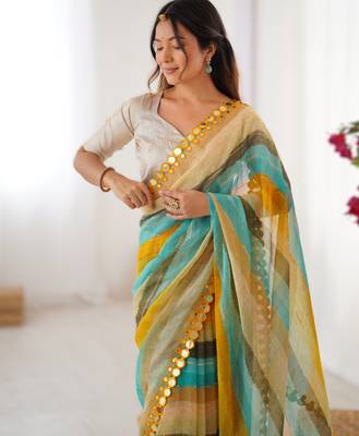 Yellow heavy smooth marble chiffon leriya print saree with zari work & double line paper mirror border 2