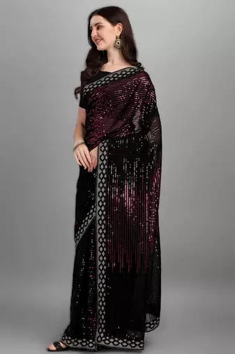 Pink georgette saree with double run sequins embroidery & satin lace border