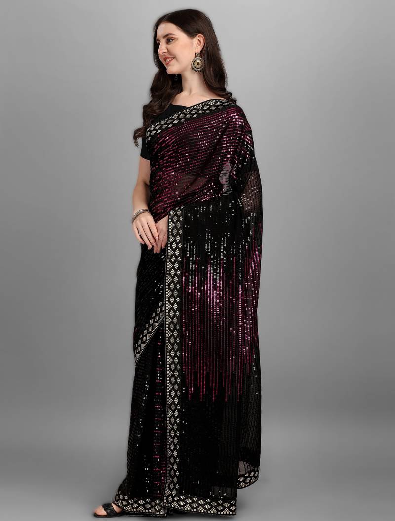 Pinkheavy georgette designer saree with double run sequins embroidery & satin lace border