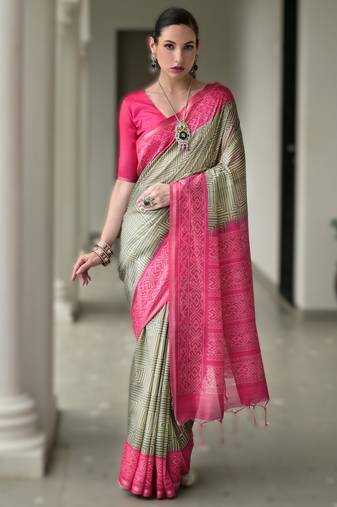 Grey soft desi tussar silk saree with unique ikkat painted design & traditional pallu