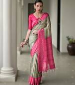 Grey soft desi tussar silk saree with unique ikkat painted design & traditional pallu