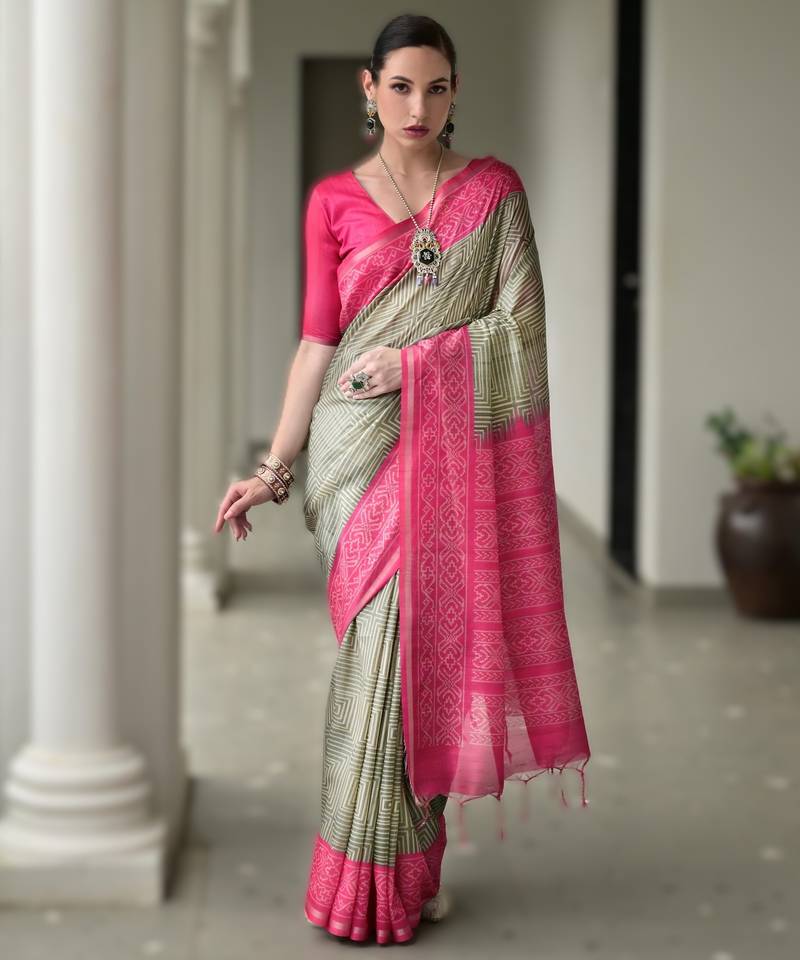 Grey soft desi tussar silk saree with unique ikkat painted design & traditional pallu