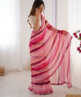 Pink heavy smooth marble chiffon leriya print saree with zari work & double line paper mirror border 1