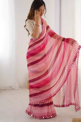 Pink heavy smooth marble chiffon leriya print saree with zari work & double line paper mirror border