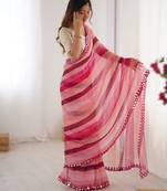 Pink heavy smooth marble chiffon leriya print saree with zari work & double line paper mirror border