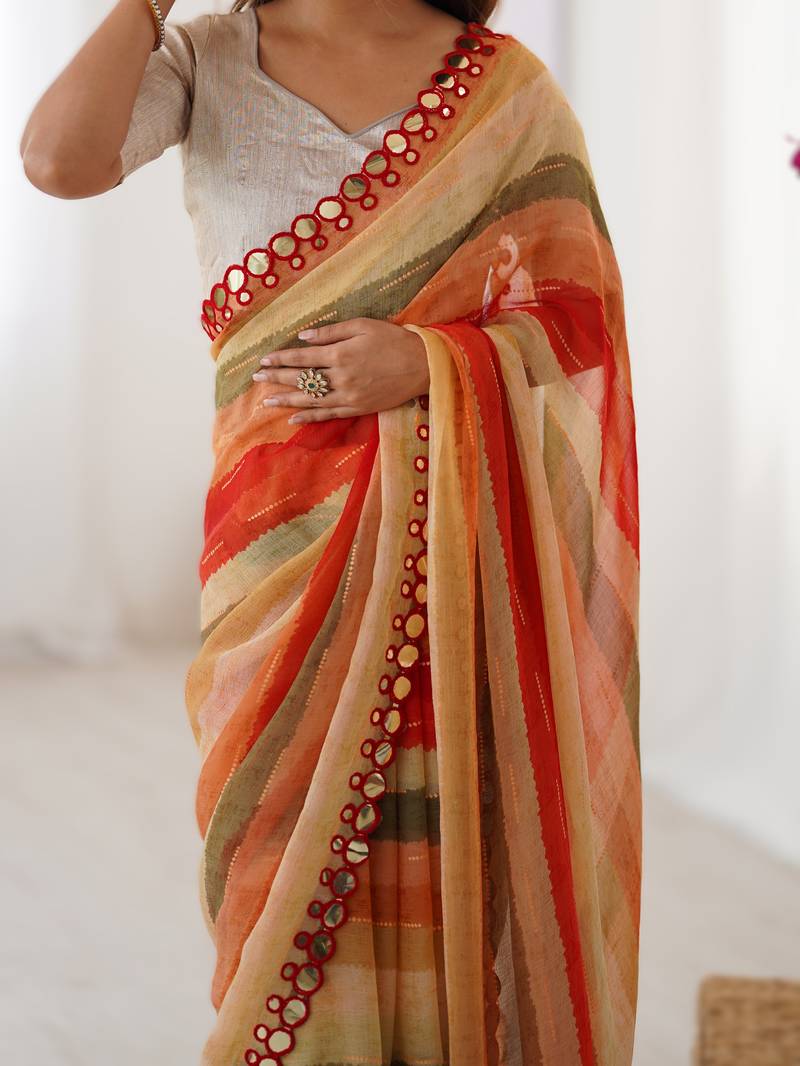 Red heavy smooth marble chiffon leriya print saree with zari work & double line paper mirror border |