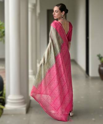 Grey soft desi tussar silk blend saree with unique ikkat painted design & pallu 2