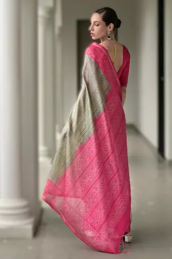 Grey soft desi tussar silk blend saree with unique ikkat painted design & pallu